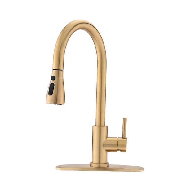 FLG Single Handle Pull Down Sprayer Kitchen Faucet with Pull Out Spray Wand Modern Stainless Steel Sink Taps in Brushed Gold