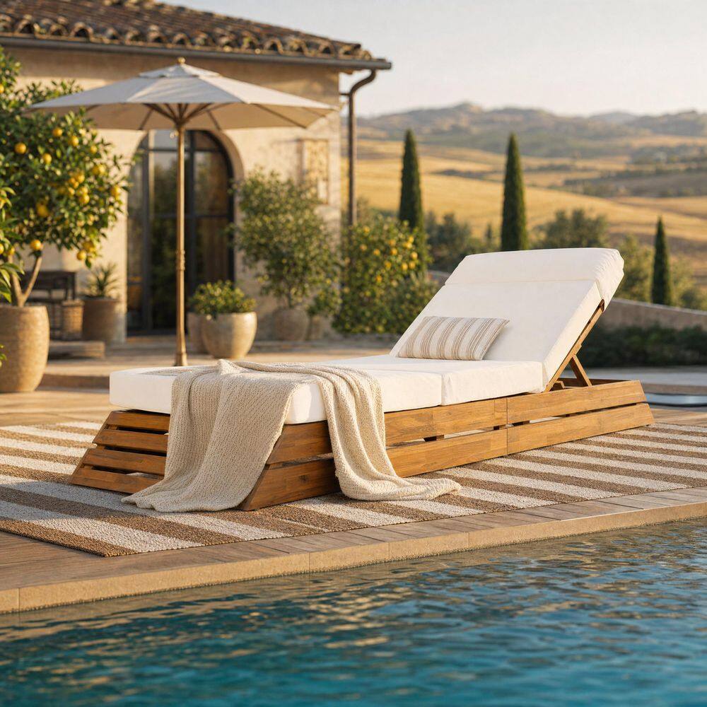 Avinto Teak Finish Acacia Wood Outdoor Patio Chaise Lounge with Beige 4-Fold Cushion, Adjustable Backrest