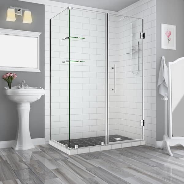 Aston Bromley GS 63.25 to 64.25 x 34.375 x 72 in Frameless Corner Hinged Shower Enclosure w/ Glass Shelves in Stainless Steel