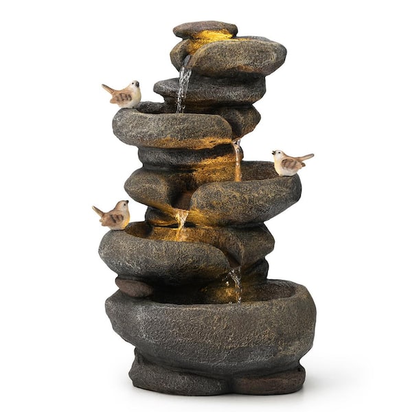 Glitzhome 23 in. H Outdoor Natural 5-Tiered Stacked Stone Polyresin Floor Fountain with Birds, Pump and LED Light