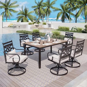 7-Piece Metal Outdoor Dining Set with Brown Slat Table-Top and Cast Iron Pattern Swivel Chairs with Beige Cushions