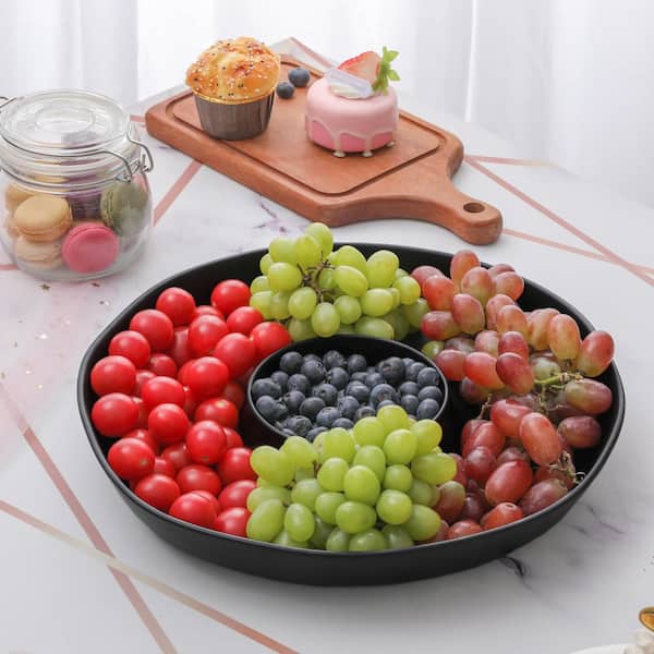 Plastic Chip and Dip Serving Set, (Set of 2) Black Divided Serving Platters, Round Compartment Relish Trays
