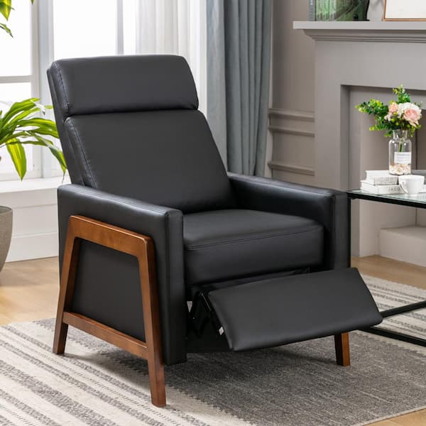 ATHMILE Black Mid-Century PU Leather Solid Wood Accent Chair with Removable Cushion (Set of 1)