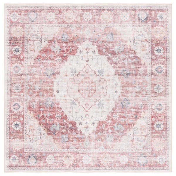 SAFAVIEH Arizona Light Red/Beige 6 ft. x 6 ft. Distressed Border Ornate Machine Washable Square Area Rug