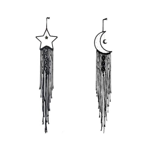 Black 7 in. x 40 in. Moon Star Dream Catcher Decor Cotton Rope Wall Hanging 2 Pieces