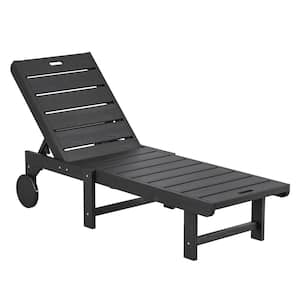 Heli Recycled Black HDPS Patio Lounge Chair Plastic Stackable Outdoor Chaise Lounge Chair with Wheel