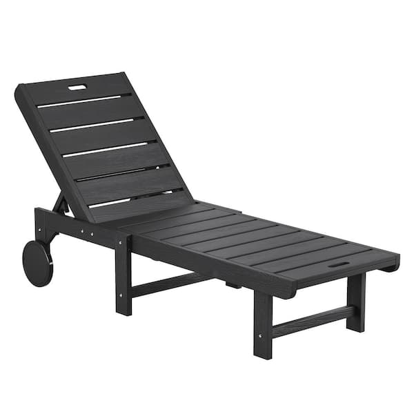 LUE BONA Heli Recycled Black HDPS Patio Lounge Chair Plastic Stackable Outdoor Chaise Lounge Chair with Wheel