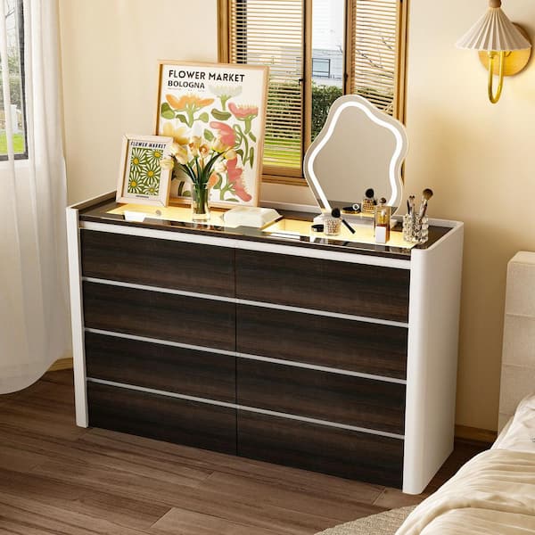 FUFU&GAGA White and Walnut 8-Drawer 47.2 in. W Chest of Drawers, Dresser, Jewelry Armoire with Glass Top Surface and LED Light