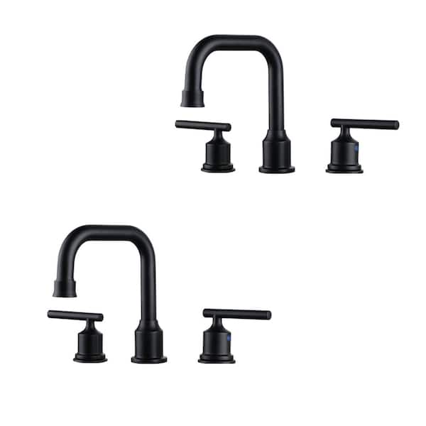 IVIGA 8 in. Widespread Double Handle High Arc Bathroom Faucet with Pop-up Drain and Supply Lines in Matte Black (2-Pack)
