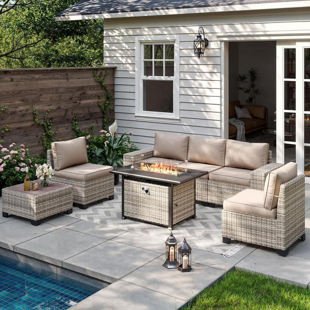 7-Piece Wicker Patio Conversation Set with 55,000 BTU Fire Pit Table and Glass Top Table with Beige Cushions price history on PriceWatchPro