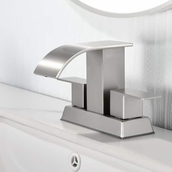 4 in. Centerset Double Handle Bathroom Faucet with Drain Kit Included，Wide Waterfall Spout Faucet in Brushed Nickel