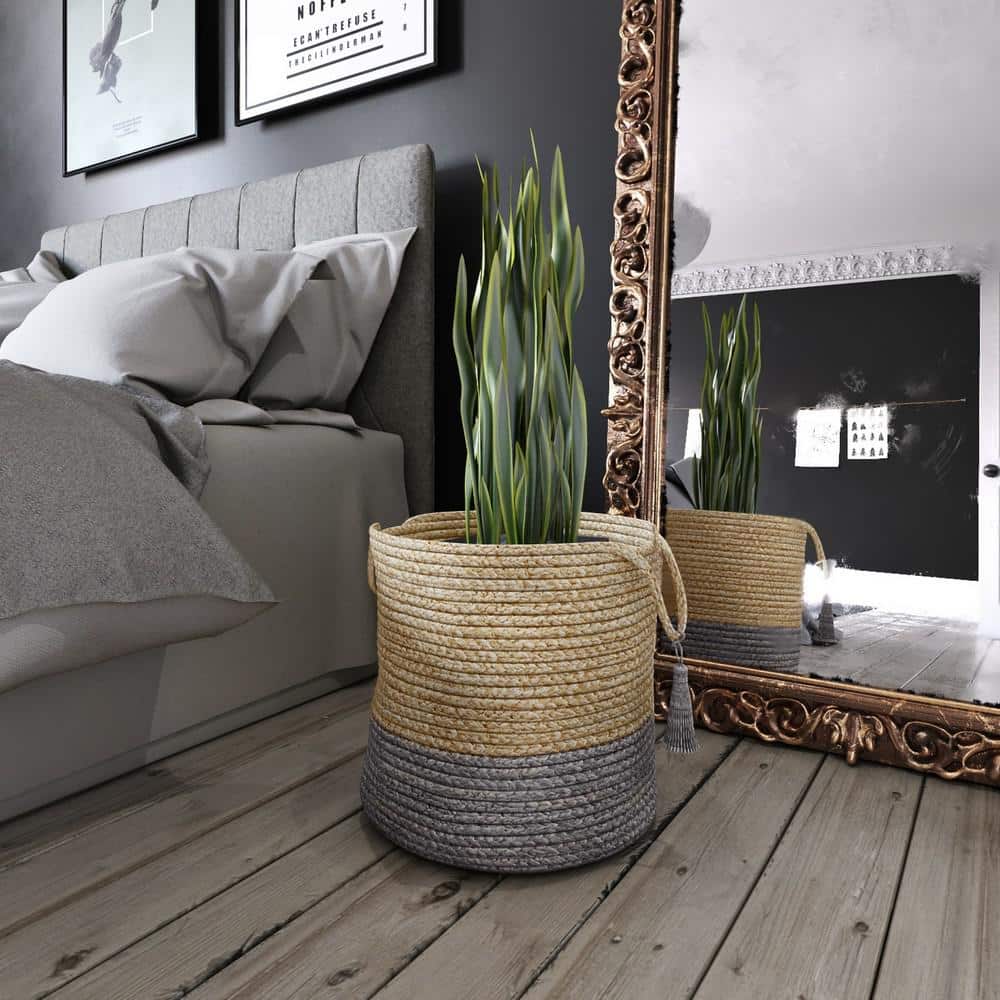Amara Tan / Gray 2-Tone Natural Jute Woven Decorative Storage Basket with H