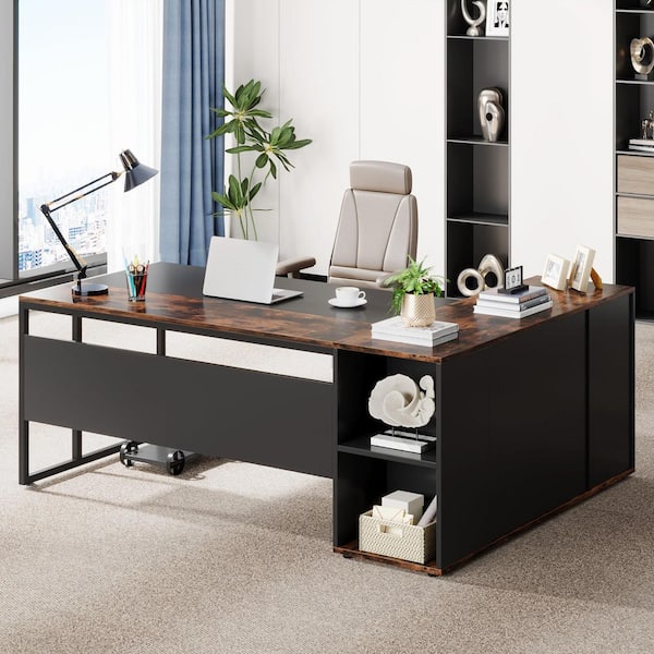 71 in. L-Shaped Brown and Black Wood Office Executive Desk with Cabinet, Large Computer Desk with Storage Shelves Door