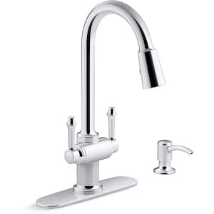 Thierry Two Handle Pull-Down Sprayer Kitchen Faucet with Soap Dispenser in Polished Chrome