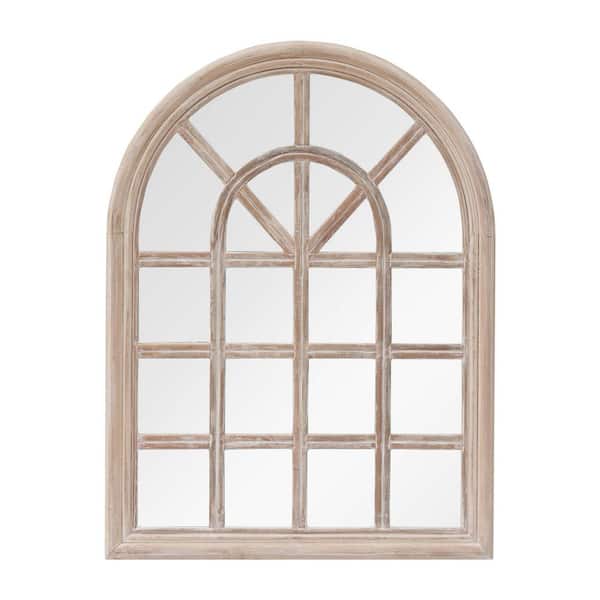 PARISLOFT 31.5 in. H x 23.625 in. W Arched Windowpane Wood Framed Whitewashed Wall Mirror