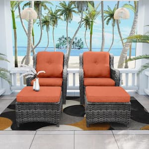 4-Piece Wicker Outdoor Patio Conversation Lounge Chair Set with Orange Cushions and Ottomans