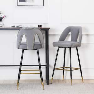 40.10 in. Gray Velvet Upholstered Bar Stool with Nailheads and Gold Tipped Metal Legs (Set of 2)