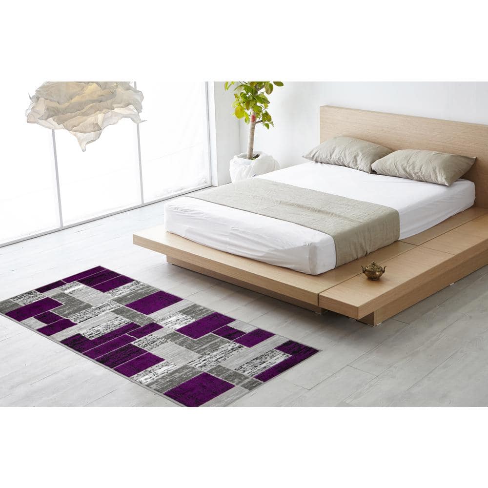 Purple and Gray Geometric Washable Synthetic Area Rug 5' x 7'