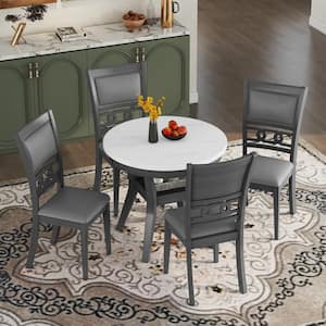 5-Piece Round Gray and White Faux Marble Top Dining Table Set Seats 4 with 4 PU Upholstered Chairs, Shelf