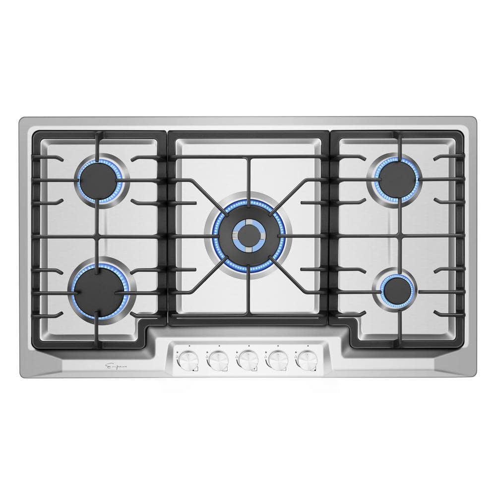 Empava 36 in. Slide-in Natural Gas Rangetop with 6 Deep Recessed Sealed  Ultra High-Low Burners-Heavy Duty Continuous Grates in Stainless Steel, 36
