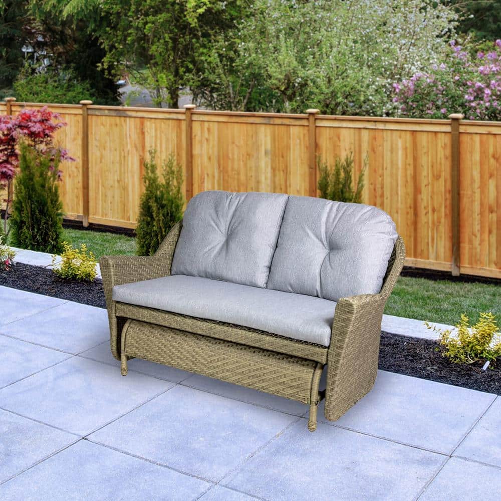 46" Taupe Gray Resin Wicker Double Glider with Gray Cushions