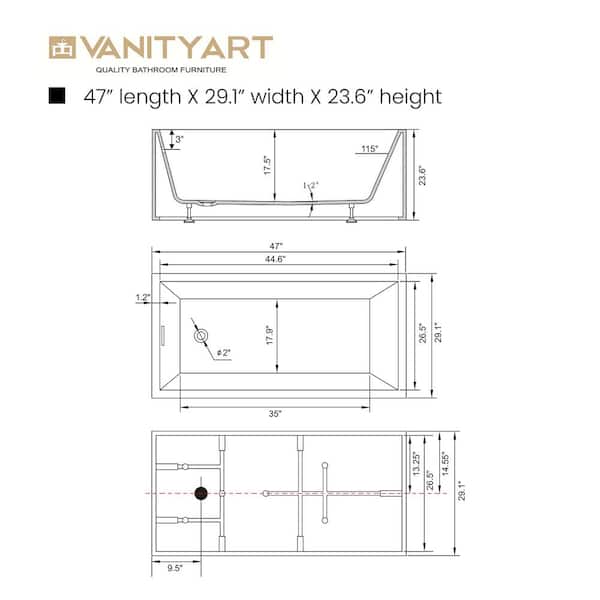 Vanity Art Vannes 47 in. Acrylic Flatbottom Freestanding Bathtub