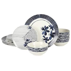 Eliza 12-Pcs Ceramic Dinnerware Set Service of 4 in Blue