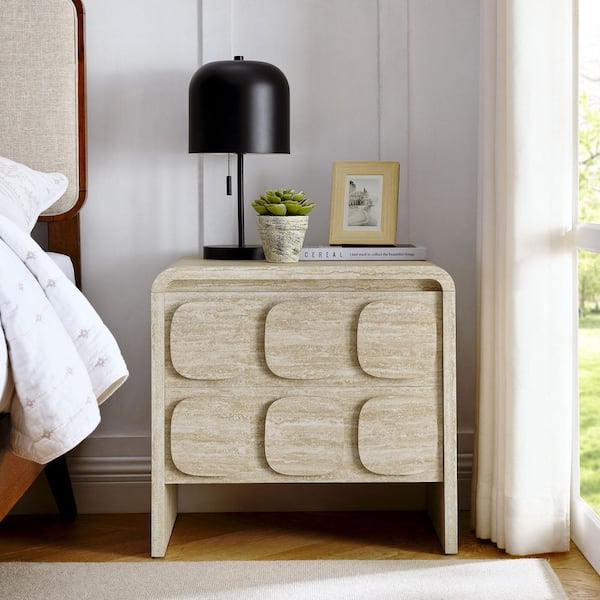 Toscana 2-Drawer Nightstand in Travertine-Modern Side or End Table for Living Room With Storage Drawers