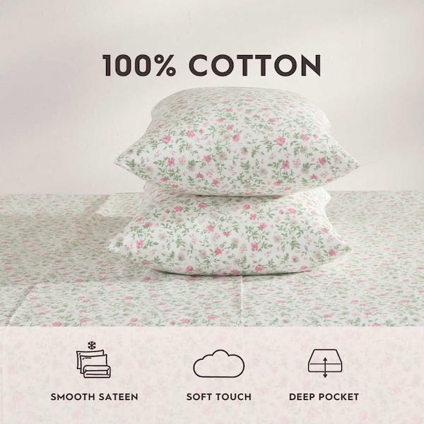 Laura Ashley Bonnie Floral 4-Piece Pink/Green Percale Cotton