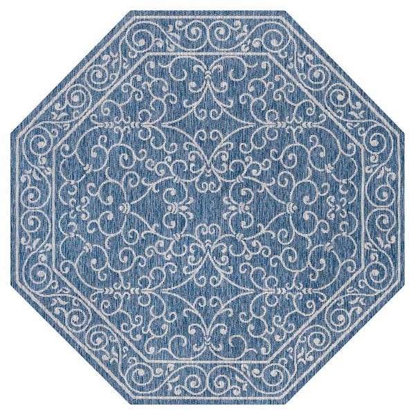 Charleston Vintage Filigree Textured Weave Navy/Gray 5 ft. Octagon Indoor/Outdoor Area Rug