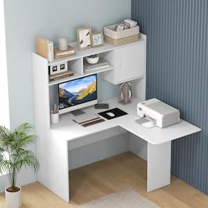 49.5 in. L-Shaped White MDF Desk with Shelves and Cabinet