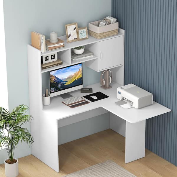 Gymax 49.5 in. L-Shaped White MDF Desk with Shelves and Cabinet
