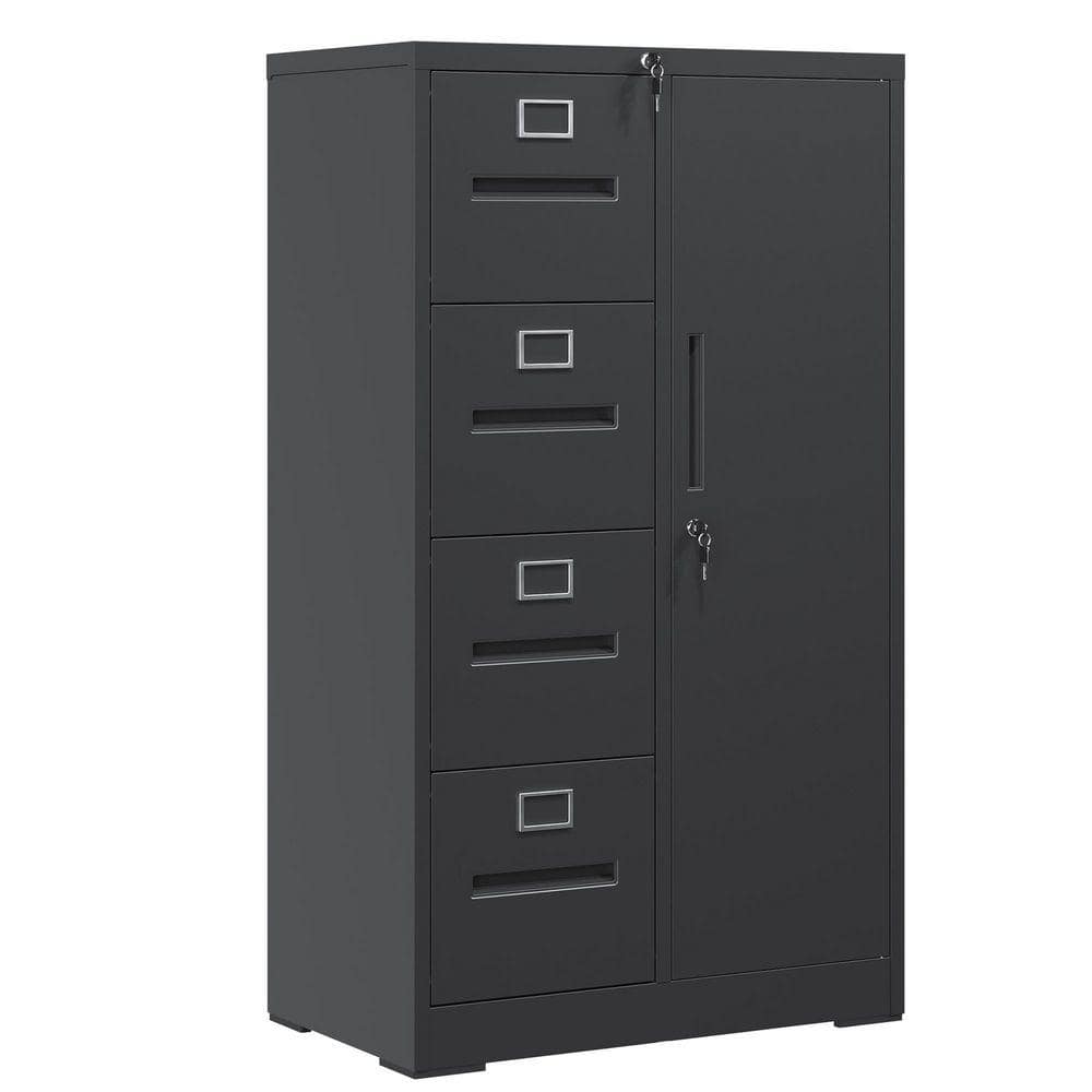 Modern 4-Drawer Black Metal 30 in. W Vertical File Cabinet with Locks and 1-Door
