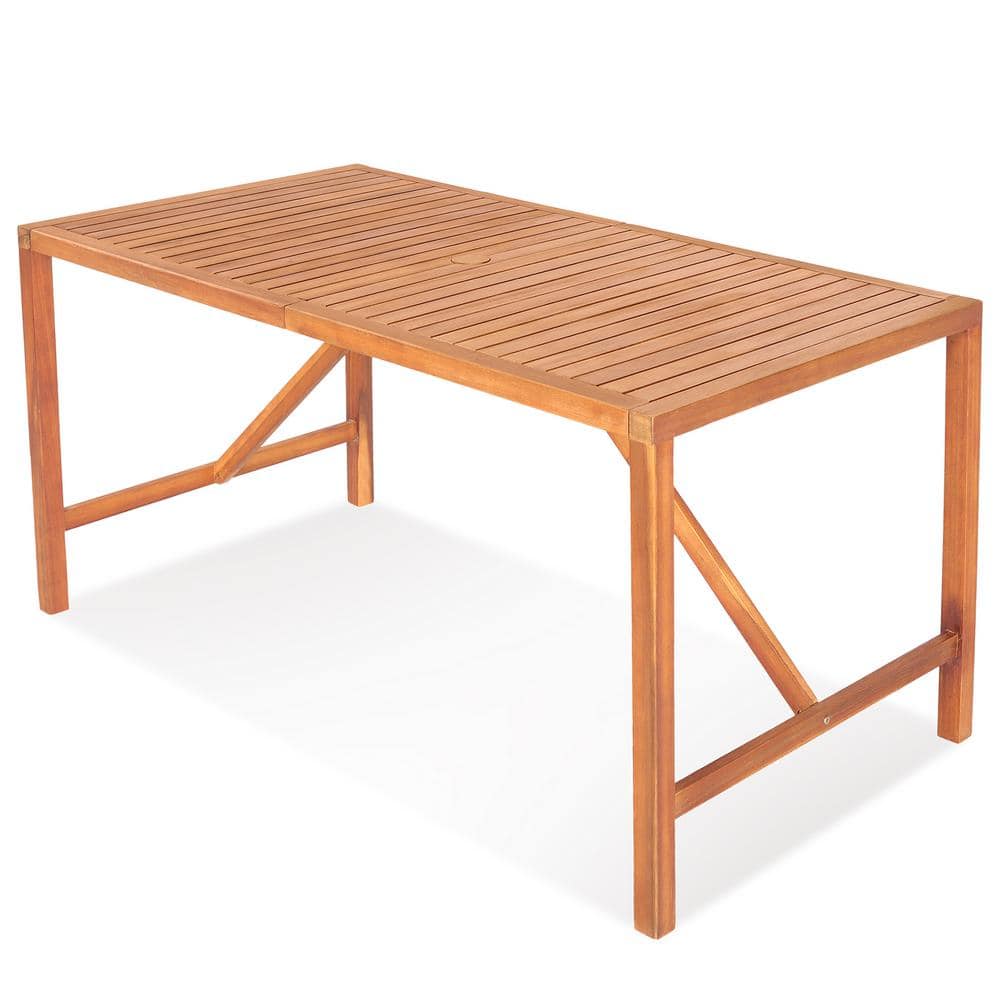 Rectangular Acacia Wood Outdoor Dining Table 4-6 Person Patio 2'' Umbrella Hole Natural