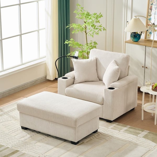 Kirsten Beige Fabric Chaise Lounge with Movable Storage Ottoman, USB Ports, Side Pockets, Phone Holder, Cup Holder
