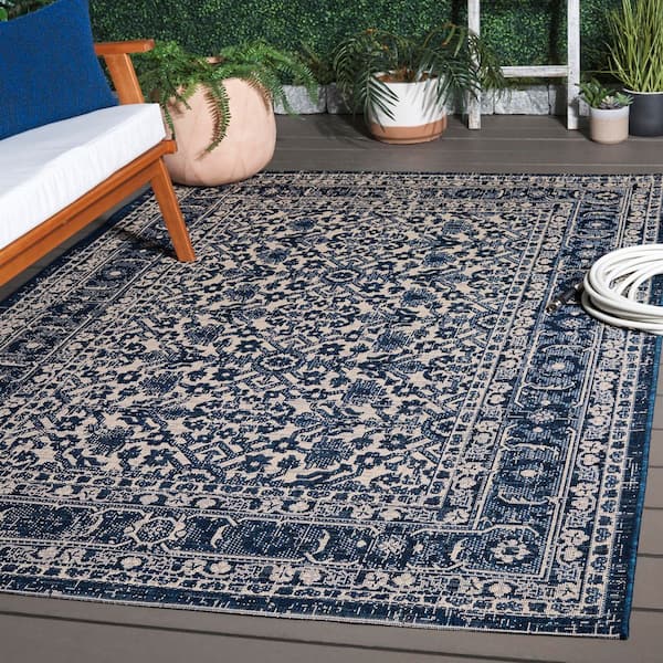 Courtyard 7 ft. x 10 ft. Navy/Beige Abstract Ornate Floral Indoor/Outdoor Area Rug