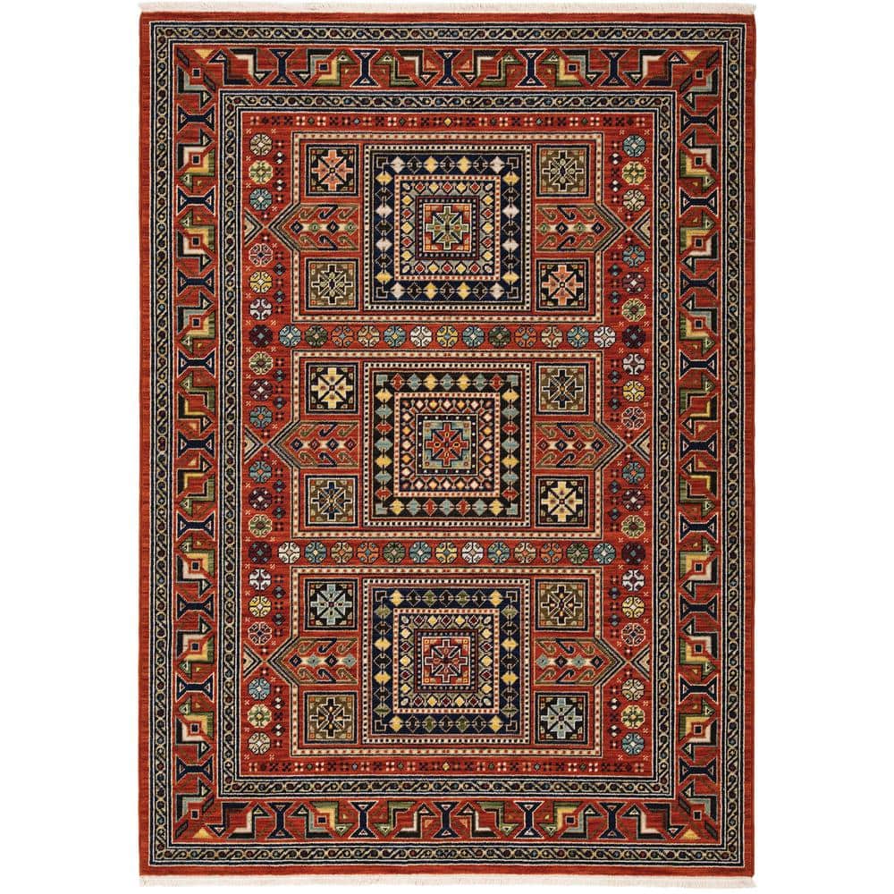 Lillian Red/Multi-Colored Doormat 3 ft. x 5 ft. Oriental Geometric Wool/Nylon Blend Fringed-Edge Indoor Area Rug price history on PriceWatchPro