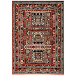 Lillian Red/Multi-Colored 5 ft. x 8 ft. Oriental Geometric Wool/Nylon Blend Fringed-Edge Indoor Area Rug