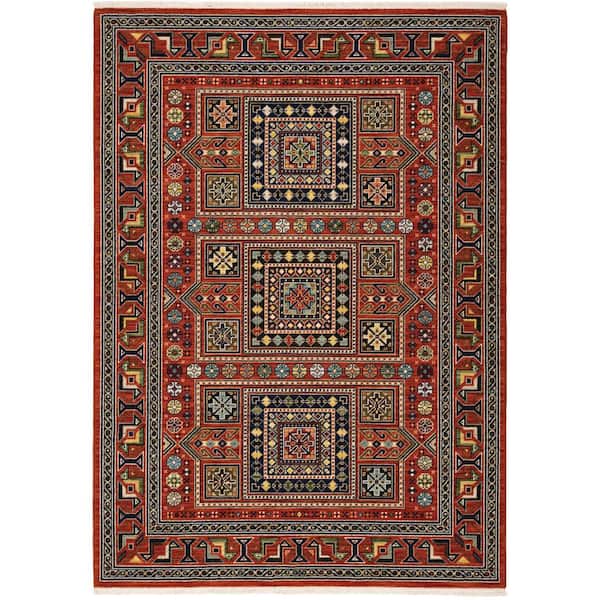 Lillian Red/Multi-Colored 8 ft. x 11 ft. Oriental Geometric Wool/Nylon Blend Fringed-Edge Indoor Area Rug