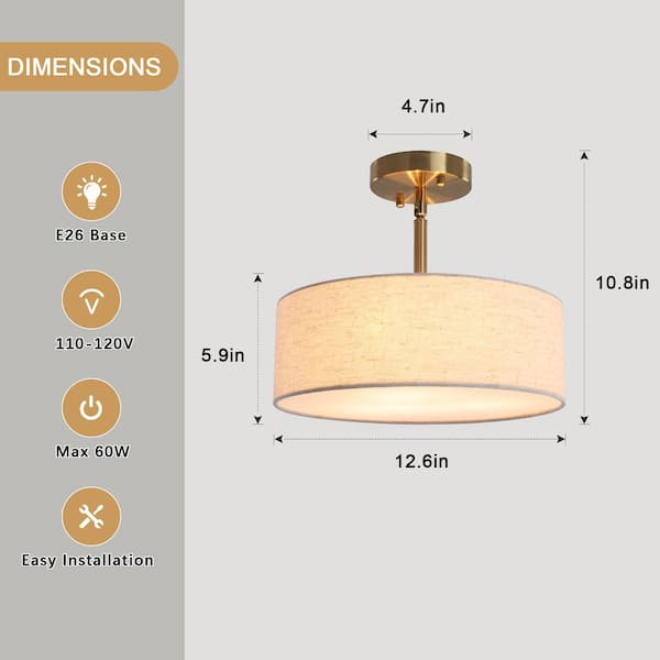 X BOOM ほぼ未使用　人気で在庫不足！ ZJVAIVE 12.6 in. 3-Light Antique Gold Round Drum Semi-Flush Mount