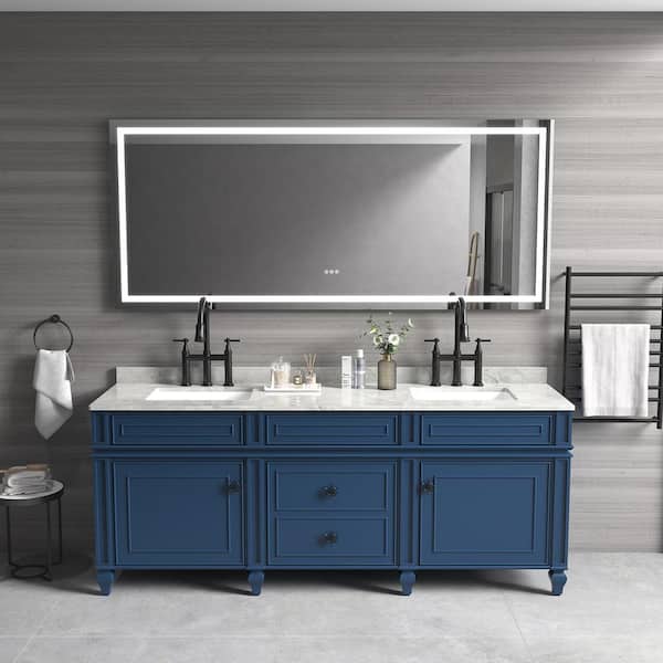 WELLFOR 84 in. W x 32 in. H Rectangular Frameless Dimmable Anti-Fog Wall Bathroom Vanity Mirror in White