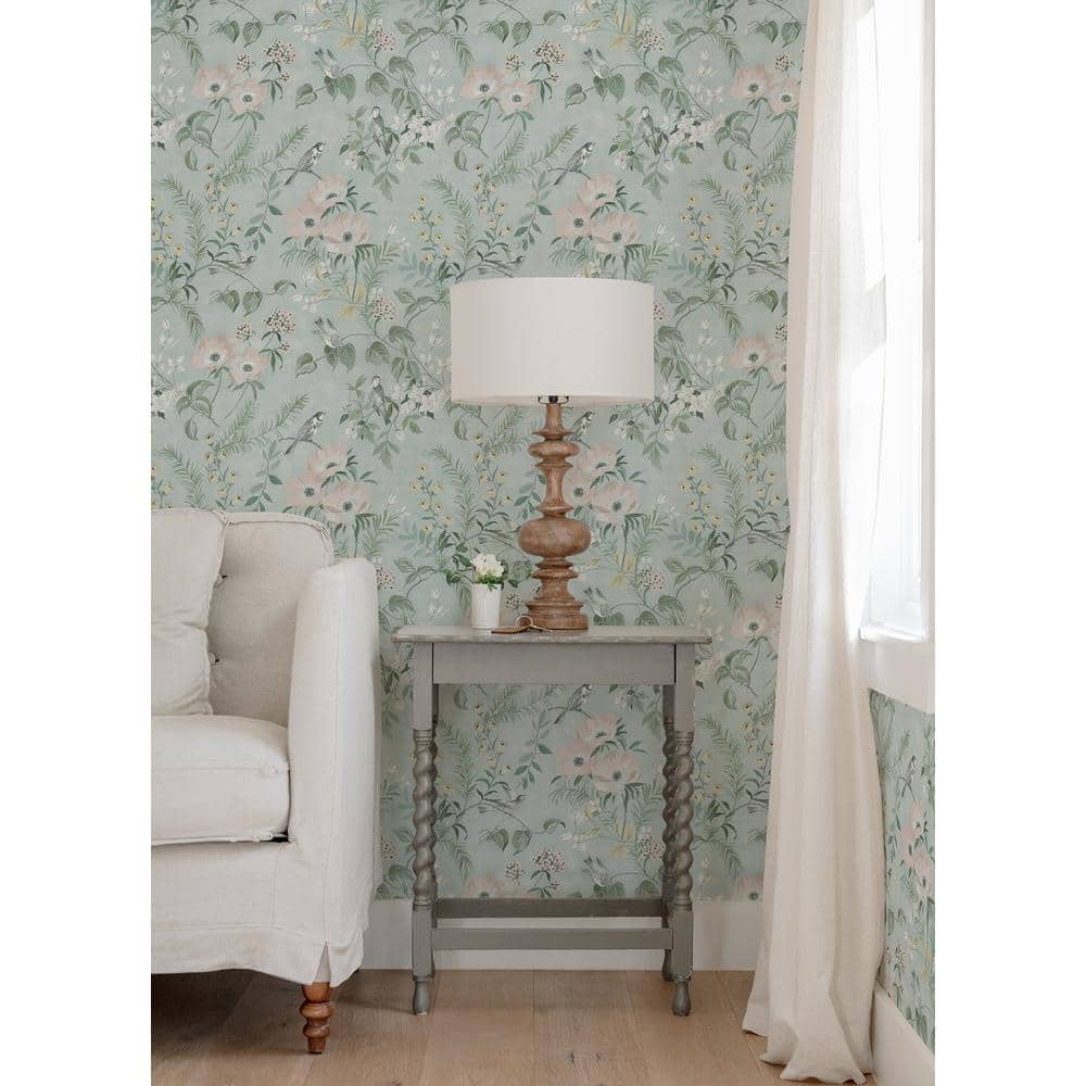Frederique Mint Green and Pink Floral Wallpaper, 20.5-in by 33-ft