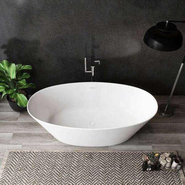 Moray 67 in. x 34 in. Solid Surface Stone Resin Flatbottom Freestanding Bathtub Soaking Bathtub in Matte White