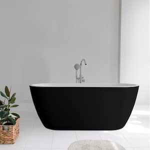 59 in. Acrylic Freestanding Bathtub Flatbottom Soaking Tub Bathtub Soaker Tub with Polished Chrome Drain in Matte Black