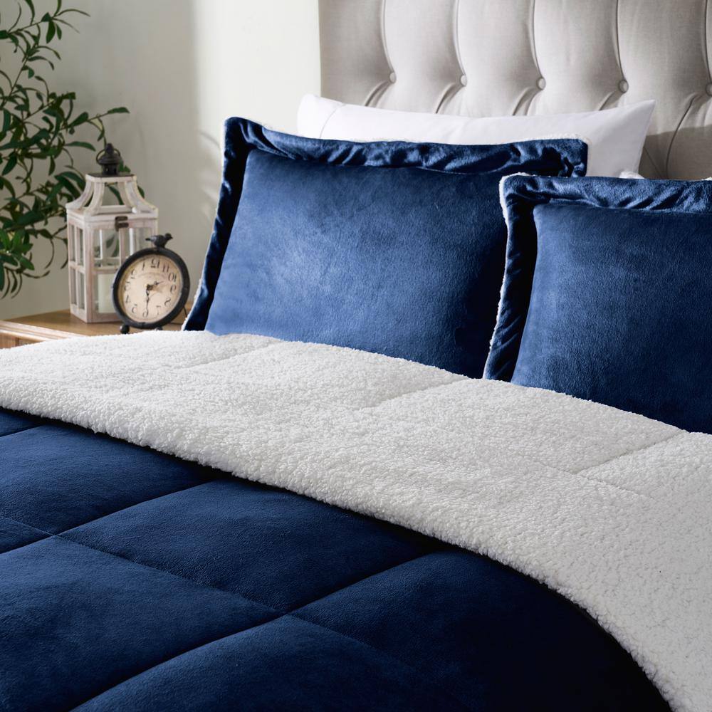 Navy Reversible Micro-Mink and Sherpa King Comforter Set