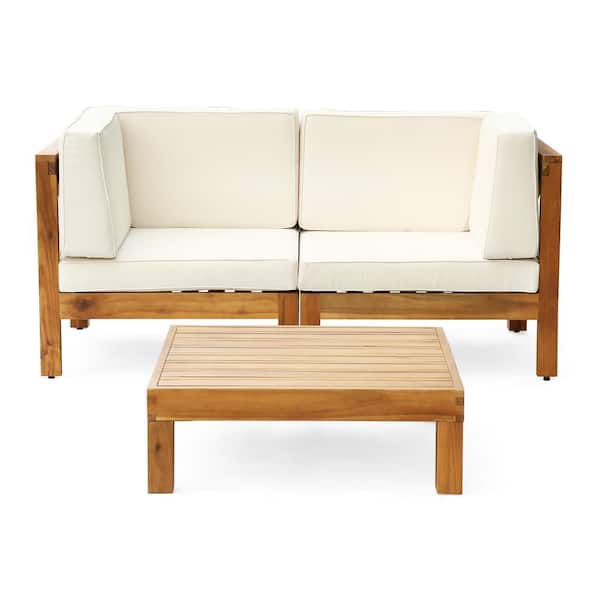 Jonah Teak 2-Piece Wood Outdoor Patio Deep Seating Set with Beige Cushions - Loveseat, Coffee Table