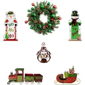 24 in. Artificial Christmas Wreath with Train, Sleigh, Gift Box, Lighted HO HO HO & Let it Snow and Bejeweled Ornaments