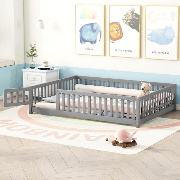 Gray Wood Frame Full Size Floor Bed, Platform Bed with Fence and Door