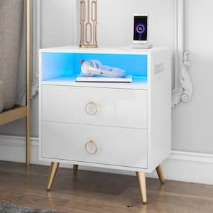 LED 2-Drawer White Nightstand 27.2 in. H x 21.7 in. W x 15.7 in. D with 1 Open Shelf/2 USB Charging Ports/Metal Legs