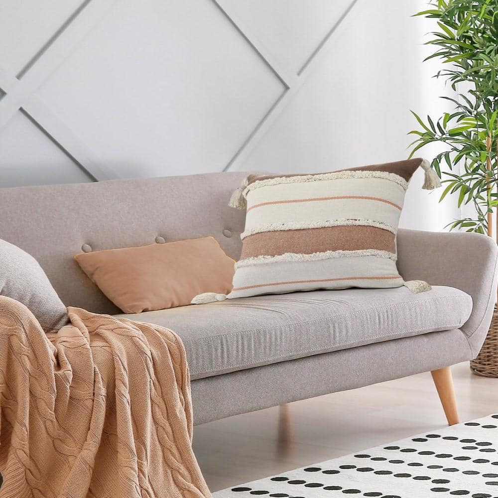 Quarry Brown and White Striped Tufted Square Throw Pillow
